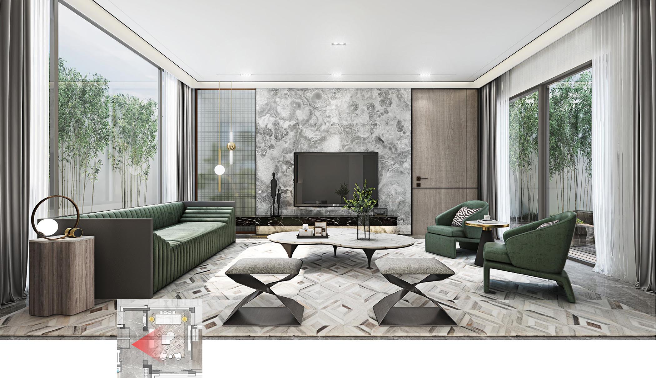 太平.某山庄C户型新中式样板间装饰装修工程(图1)